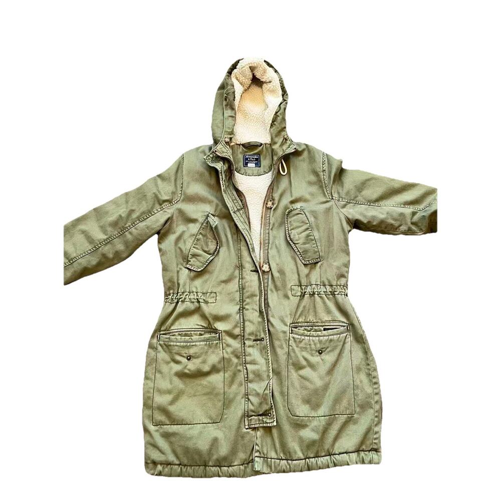 Abercrombie Fitch Jacket Womens M Green Utility Y2K Faux Fur Hood Sherpa Lined